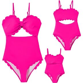 IFFEI Mommy and Me Matching Outfits Women's One Piece Swimsuits Cutout Scallop Trim Monokini Swimwear Bathing Suit