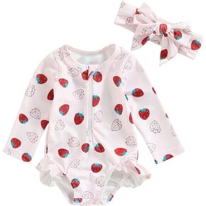 Karwuiio Baby Girl One Piece Swimsuit Long Sleeve Jumpsuit Swimwear with Headband Infant Bathing Suit