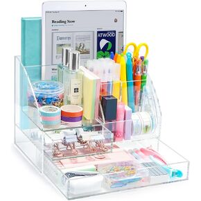 ARCOBIS Acrylic Desk Organizer with 2 Drawers, Clear Office Desktop Accessories Stationery Pen Organizer for Desk, Features 5 Compartments + 2 Sliding Drawer