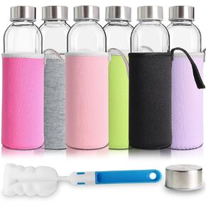 YEBODA Glass Water Bottles 18oz Bottles For Beverage and Juicer Use Stainless Steel Caps - Including Colorful Nylon Protection Sleeve,Pack Of 6