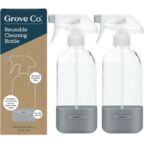 Grove Co. Glass Spray Bottles for Cleaning Solutions, 2-Pack Bundle, Unique Silicon Sleeve Slide & Snap Custom Label, Refillable Spray Bottle, Made from Recycled Glass, 2 x 16oz