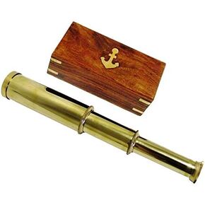 9" Handheld Brass Telescope Nautical Pirate Spy Glass with Anchor Wood Box Rustic Vintage Home Decor Gifts