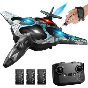 Remote Control Drone for Kids, Gesture RC Stealth Raptor Airplane, Quadcopter Fighter Jet with Light/Spray/360° Flip, Beginner Big RC Plane Toy for Boys Christmas Gifts (3 Batteries/984ft)