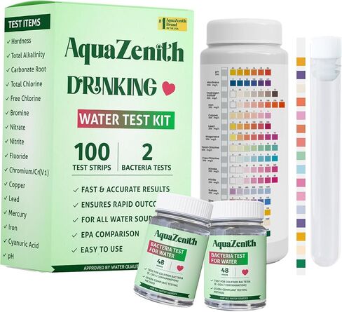 مجموعة أدوات اختبار المياه AquaZenith 17 في 1 - 100 شريط + 2 اختبار للبكتيريا - اختبار منزلي للرصاص والبكتيريا والصلابة والفلورايد والحديد والنحاس ودرجة الحموضة والمزيد - تحليل جودة مياه الآبار والصنبور بسهولة in Kuwait