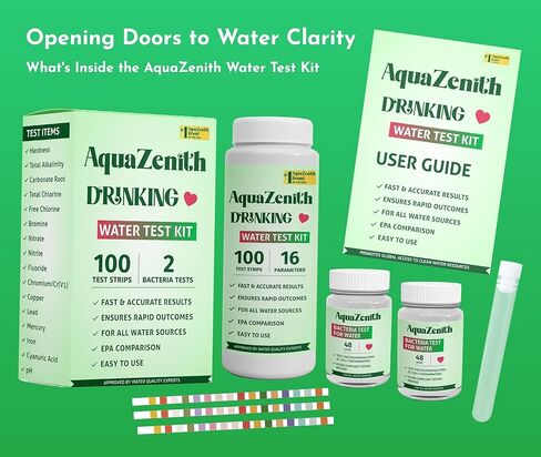 مجموعة أدوات اختبار المياه AquaZenith 17 في 1 - 100 شريط + 2 اختبار للبكتيريا - اختبار منزلي للرصاص والبكتيريا والصلابة والفلورايد والحديد والنحاس ودرجة الحموضة والمزيد - تحليل جودة مياه الآبار والصنبور بسهولة in Kuwait