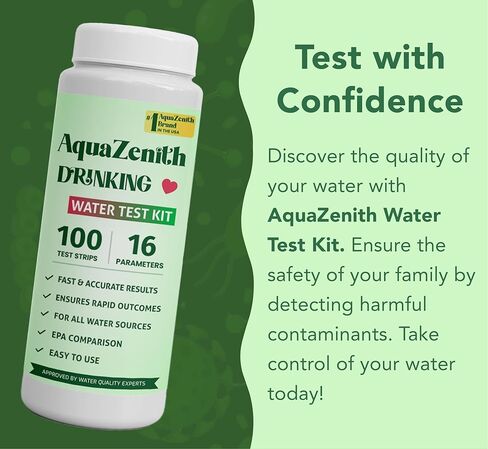 مجموعة أدوات اختبار المياه AquaZenith 17 في 1 - 100 شريط + 2 اختبار للبكتيريا - اختبار منزلي للرصاص والبكتيريا والصلابة والفلورايد والحديد والنحاس ودرجة الحموضة والمزيد - تحليل جودة مياه الآبار والصنبور بسهولة in Kuwait