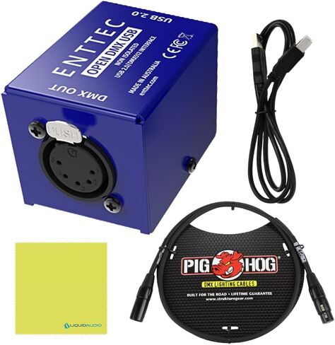 Enttec Open DMX USB 70303 أداة التحكم في واجهة الإضاءة (مصدر مفتوح/أجهزة) حزمة كابل إضاءة DMX ذو 3 سنون مع قطعة قماش لتلميع الصوت السائل in Saudi Arabia