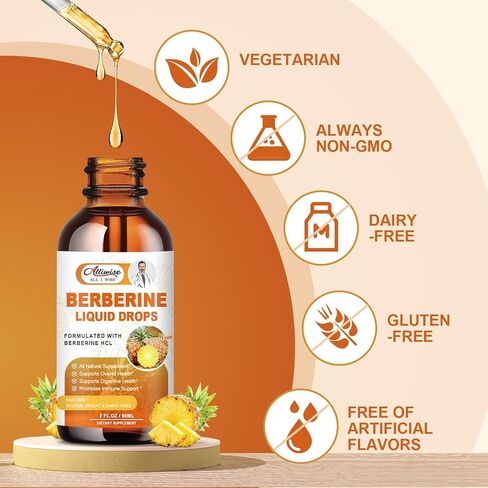 Alliwise Berberine Supplement Liquid Drops with Ceylon Cinnamon, Bitter Melon for Immune System & Digestive System Supports -Premium Berberine 1500mg with Pure Ceylon Cinnamon -2 Fl Oz in Kuwait