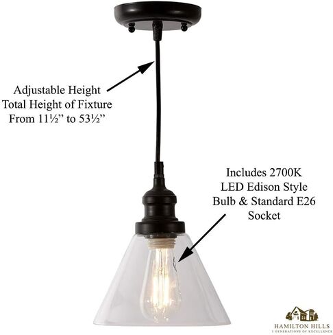 Clear Angled Glass Black Pendant Hanging Light Fixture Black Finish with LED Edison Bulb Kitchen Island Dining Room Table in Kuwait