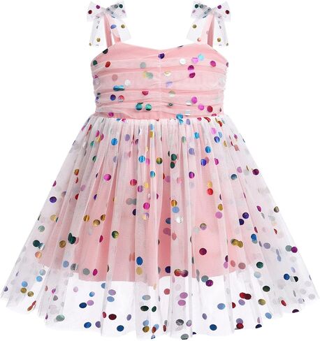 Birthday Dress for 1 Year Old Girl, First Birthday Outfit Sequin Polka Dots Princess Tutu Dress Bow Sleeveless Smoked Dresses for Baby&Toddler Photographs Summer Outfit Pink-Sequin dots 5-6X in Saudi Arabia