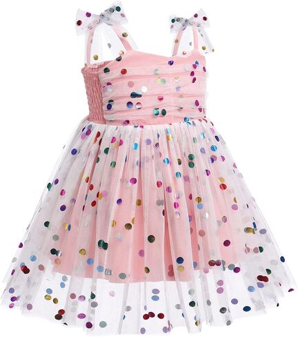 Birthday Dress for 1 Year Old Girl, First Birthday Outfit Sequin Polka Dots Princess Tutu Dress Bow Sleeveless Smoked Dresses for Baby&Toddler Photographs Summer Outfit Pink-Sequin dots 5-6X in Saudi Arabia