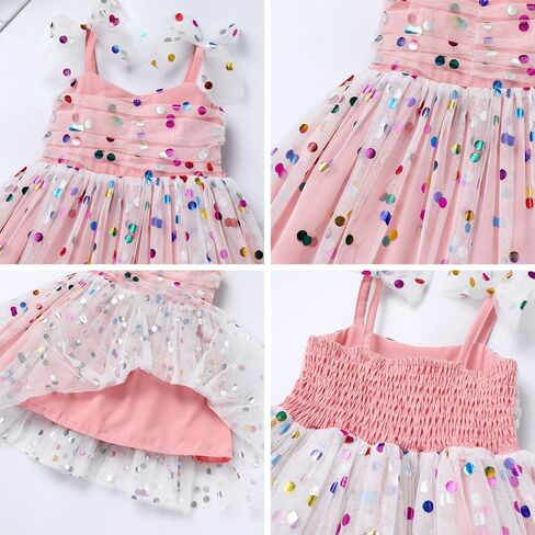Birthday Dress for 1 Year Old Girl, First Birthday Outfit Sequin Polka Dots Princess Tutu Dress Bow Sleeveless Smoked Dresses for Baby&Toddler Photographs Summer Outfit Pink-Sequin dots 5-6X in Saudi Arabia