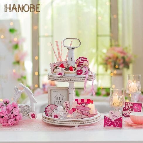 حامل صينية بطبقتين من Hanobe: صينية تزيين بطبقتين لبيت المزرعة، صينية تقديم خشبية مستديرة بيضاء، قطع مركزية لطاولة القهوة، غرفة المعيشة، المطبخ، ديكور المنزل، الخريف، الهالوين للأم. in Kuwait