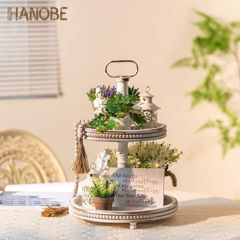حامل صينية بطبقتين من Hanobe: صينية تزيين بطبقتين لبيت المزرعة، صينية تقديم خشبية مستديرة بيضاء، قطع مركزية لطاولة القهوة، غرفة المعيشة، المطبخ، ديكور المنزل، الخريف، الهالوين للأم. in Kuwait