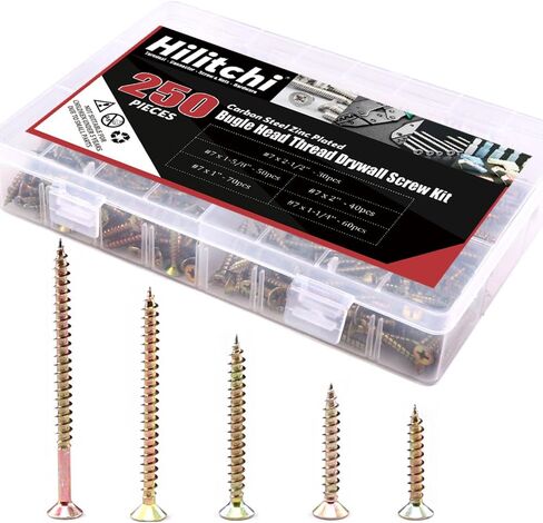 Hilitchi 250-Pcs #7 Phillips Bugle Head Coarse Thread Drywall Screw Assortment Kit, Carbon Steel Zinc Plated, Ideal Screw for Drywall Sheetrock, Wood, and More in Saudi Arabia