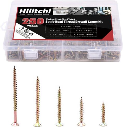 Hilitchi 250-Pcs #7 Phillips Bugle Head Coarse Thread Drywall Screw Assortment Kit, Carbon Steel Zinc Plated, Ideal Screw for Drywall Sheetrock, Wood, and More in Saudi Arabia