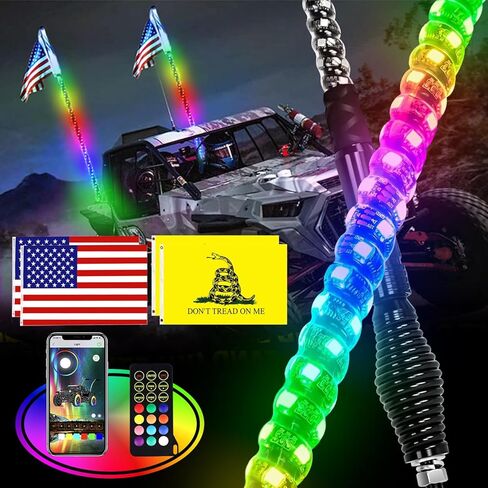 YISWHIS مصباح سوط LED RGB ملون فائق السطوع، مطاردة أضواء السوط المضيئة، قاعدة زنبركية، IP67، تطبيق DIY وجهاز التحكم عن بعد، التوصيل والتشغيل، مناسب لـ ATV، UTV، القارب، الشاحنة 【 2FT】 in Saudi Arabia