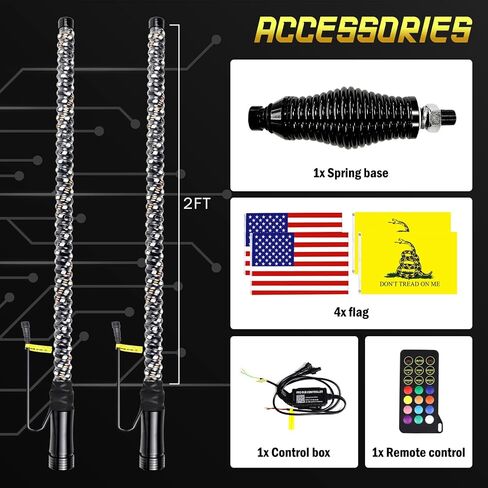 YISWHIS مصباح سوط LED RGB ملون فائق السطوع، مطاردة أضواء السوط المضيئة، قاعدة زنبركية، IP67، تطبيق DIY وجهاز التحكم عن بعد، التوصيل والتشغيل، مناسب لـ ATV، UTV، القارب، الشاحنة 【 2FT】 in Saudi Arabia
