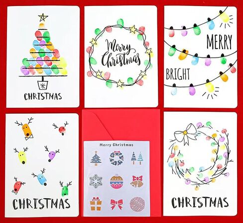 BODHIS 5 بطاقات عيد الميلاد للأطفال والكبار - مجموعة طلاء الأصابع DIY، نشاط وقت الجودة مع الأطفال، 5 تشكيلة تصميم مع وسادة الحبر، ملصقات الختم، والأظرف in Kuwait