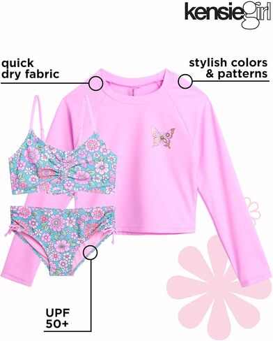 KENSIE GIRL Rash Guard Set - UPF 50+ 3 Piece Long Sleeve Rash Guard Swim Shirt and 2 Piece Bikini Bathing Suit (7-16) in Saudi Arabia