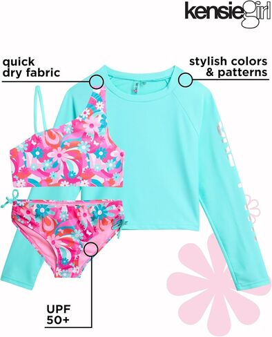 KENSIE GIRL Rash Guard Set - UPF 50+ 3 Piece Long Sleeve Rash Guard Swim Shirt and 2 Piece Bikini Bathing Suit (7-16) in Saudi Arabia