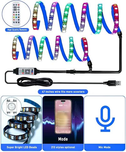 أضواء LED من StoneBanks لركوب السكوتر ليلاً، جهاز تحكم عن بعد يعمل بالبطارية ويتم التحكم فيه عن طريق التطبيق، أضواء لوح تزلج ملونة متغيرة RGB، شريط إضاءة سكوتر كهربائي USB مقاوم للماء in Kuwait