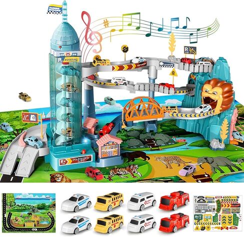 TFDER Lion Toy Race Car Track PlaySet for Toddlers, 3 4 5 6 Years Old Kids, Boys, Girls with 8 Mini Cars, Automatic Rotary Elevator, Best Birthday Gift Create A Lion World(Lion Hill) in Saudi Arabia