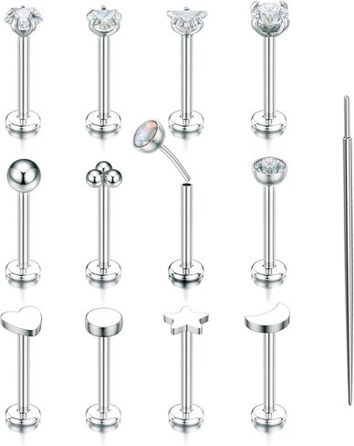 TOPBRIGHT 12 قطعة 16 جرام 18 جرام أقراط مسطحة الظهر 316L فولاذ جراحي بدون خيوط الزنمة الغضروف الأنف مسمار دفع دبوس الشفاه مسمار خواتم ميدوسا ثقب المجوهرات هيبوالرجينيك للنساء الرجال in Kuwait