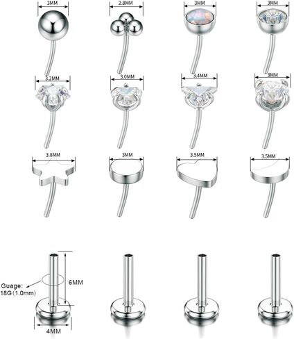 TOPBRIGHT 12 قطعة 16 جرام 18 جرام أقراط مسطحة الظهر 316L فولاذ جراحي بدون خيوط الزنمة الغضروف الأنف مسمار دفع دبوس الشفاه مسمار خواتم ميدوسا ثقب المجوهرات هيبوالرجينيك للنساء الرجال in Kuwait
