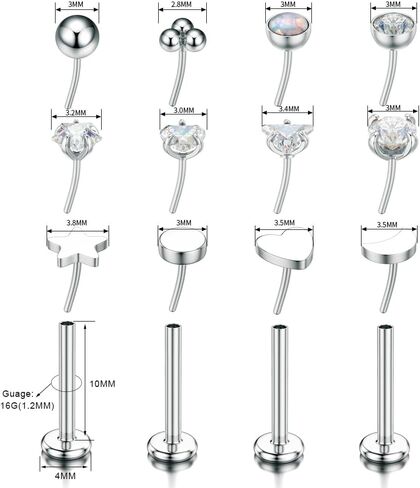 TOPBRIGHT 12 قطعة 16 جرام 18 جرام أقراط مسطحة الظهر 316L فولاذ جراحي بدون خيوط الزنمة الغضروف الأنف مسمار دفع دبوس الشفاه مسمار خواتم ميدوسا ثقب المجوهرات هيبوالرجينيك للنساء الرجال in Kuwait