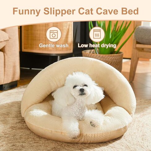 Jiupety Cat Bed Cave for Indoor Cats, Cute Slipper Cat Cave Bed, Washable Small Dog Cave Bed, Soft Plush Cat House Bed for Puppy and Kitten, Anti Slip Warm Pet House Nest, M 15lbs, Champagne. in Saudi Arabia