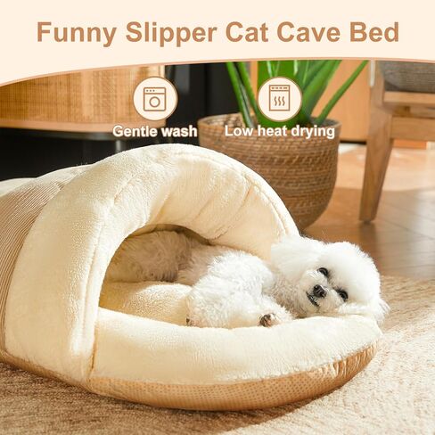 Jiupety Cat Bed Cave for Indoor Cats, Cute Slipper Cat Cave Bed, Washable Small Dog Cave Bed, Soft Plush Cat House Bed for Puppy and Kitten, Anti Slip Warm Pet House Nest, M 15lbs, Champagne. in Saudi Arabia
