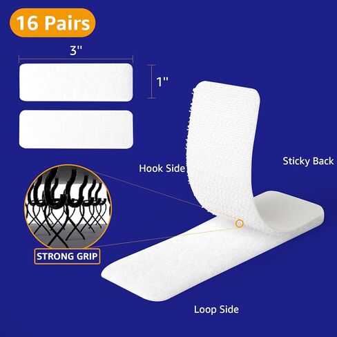 16 Sets 1 x 3 inch Adhesive Fastener Strips, Heavy Duty, Strong Back Adhesive Fasten Command Strips, Double Sided for School, Classroom, Office, Home Use, White in Kuwait
