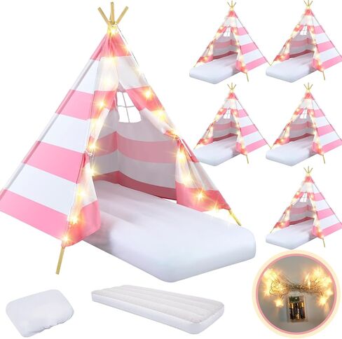 6 Pack Sleepovers Teepee Tent for Kids Bulk with Mattress Sheet Light,Natural Cotton Washable Indoor Play Tent for Birthday Slumber Party Girls Boys Pajama Movie Night Supplies(White) in Saudi Arabia