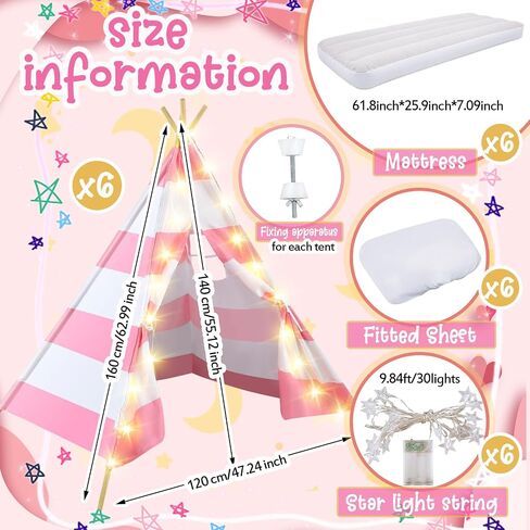 6 Pack Sleepovers Teepee Tent for Kids Bulk with Mattress Sheet Light,Natural Cotton Washable Indoor Play Tent for Birthday Slumber Party Girls Boys Pajama Movie Night Supplies(White) in Saudi Arabia