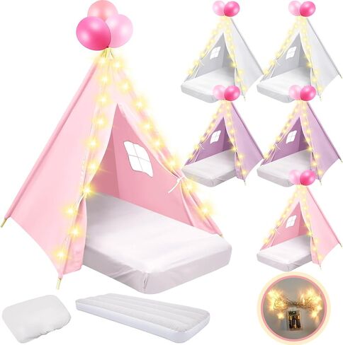 6 Pack Sleepovers Teepee Tent for Kids Bulk with Mattress Sheet Light,Natural Cotton Washable Indoor Play Tent for Birthday Slumber Party Girls Boys Pajama Movie Night Supplies(White) in Saudi Arabia