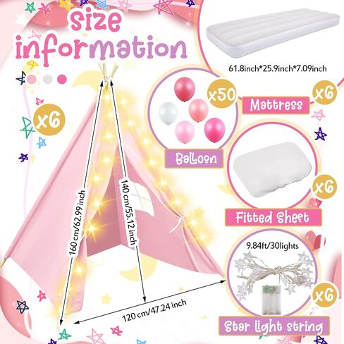 6 Pack Sleepovers Teepee Tent for Kids Bulk with Mattress Sheet Light,Natural Cotton Washable Indoor Play Tent for Birthday Slumber Party Girls Boys Pajama Movie Night Supplies(White) in Saudi Arabia