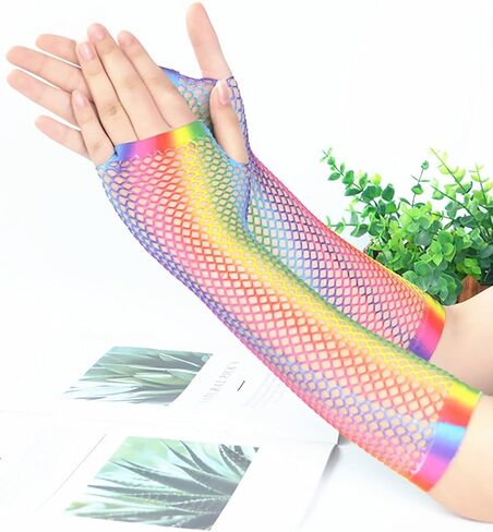 قفازات Anlaey Fishnet القابلة للتمدد بدون أصابع في الثمانينيات وإكسسوارات الحفلات زي شبكي مع حلقة إصبع للنساء in Kuwait