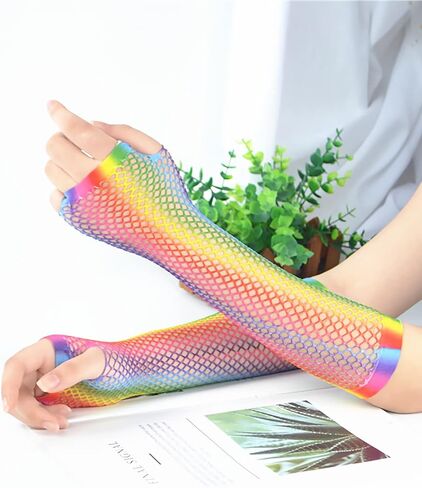 قفازات Anlaey Fishnet القابلة للتمدد بدون أصابع في الثمانينيات وإكسسوارات الحفلات زي شبكي مع حلقة إصبع للنساء in Kuwait