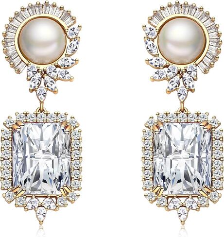 S925 Sterling Silver Emerald Green Pink Crystal Dangle Drop Earrings for Women Girls Vintage Pearl Cubic Zirconia Wedding Bridal Emerald Cut Earrings in Saudi Arabia