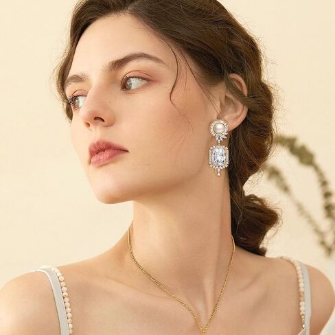 S925 Sterling Silver Emerald Green Pink Crystal Dangle Drop Earrings for Women Girls Vintage Pearl Cubic Zirconia Wedding Bridal Emerald Cut Earrings in Saudi Arabia