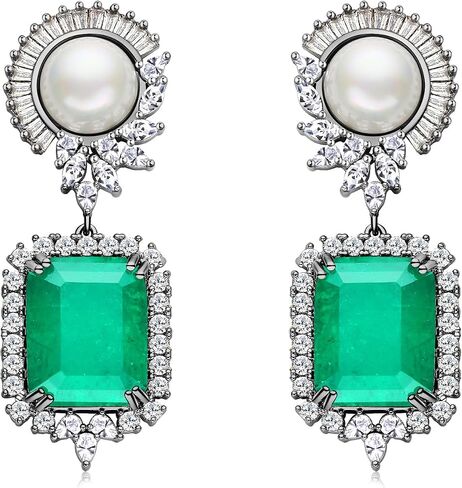 S925 Sterling Silver Emerald Green Pink Crystal Dangle Drop Earrings for Women Girls Vintage Pearl Cubic Zirconia Wedding Bridal Emerald Cut Earrings in Saudi Arabia