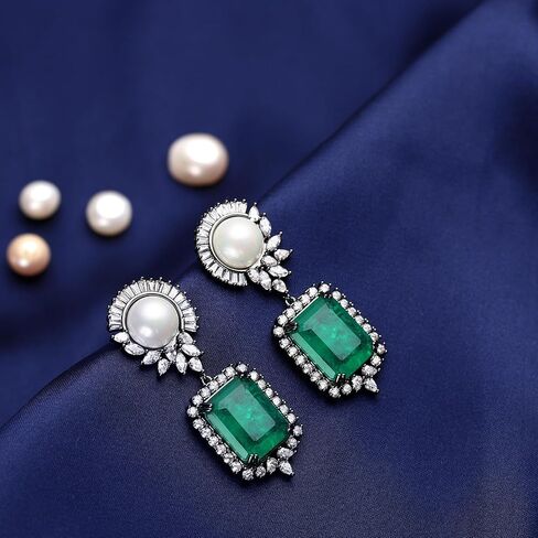 S925 Sterling Silver Emerald Green Pink Crystal Dangle Drop Earrings for Women Girls Vintage Pearl Cubic Zirconia Wedding Bridal Emerald Cut Earrings in Saudi Arabia