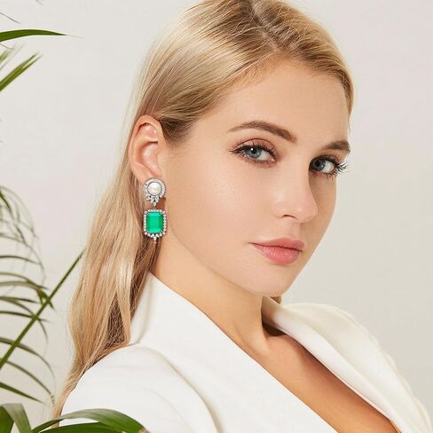 S925 Sterling Silver Emerald Green Pink Crystal Dangle Drop Earrings for Women Girls Vintage Pearl Cubic Zirconia Wedding Bridal Emerald Cut Earrings in Saudi Arabia