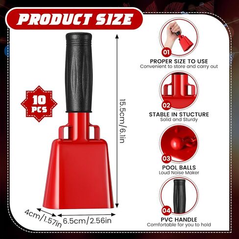 Lukmaa 10 قطع من جرس البقر الحديدي مع مقبض يدوي لصانعي الضوضاء للمناسبات الرياضية، أداة جرس البقر لألعاب كرة القدم، 6.1 × 2.56 × 1.57 بوصة in Kuwait