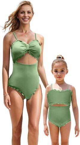 IFFEI Mommy and Me Matching Outfits Women's One Piece Swimsuits Cutout Scallop Trim Monokini Swimwear Bathing Suit in Kuwait