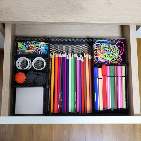 صينية تنظيم أدراج مكتب Flytreal، منظم أدراج مكتب شبكي قابل للتعديل مع 6 فواصل/مقصورات، علبة منظم ملاحظات لاصقة لأقلام الرصاص للمكتب المنزلي، أسود، 12.6 × 8.66 × 1.77 بوصة in Kuwait