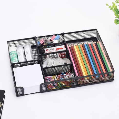 صينية تنظيم أدراج مكتب Flytreal، منظم أدراج مكتب شبكي قابل للتعديل مع 6 فواصل/مقصورات، علبة منظم ملاحظات لاصقة لأقلام الرصاص للمكتب المنزلي، أسود، 12.6 × 8.66 × 1.77 بوصة in Kuwait