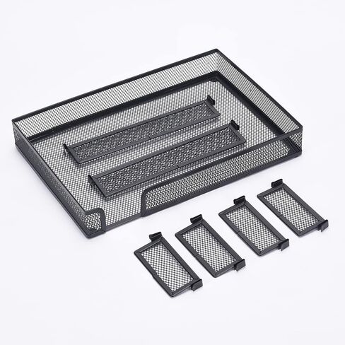 صينية تنظيم أدراج مكتب Flytreal، منظم أدراج مكتب شبكي قابل للتعديل مع 6 فواصل/مقصورات، علبة منظم ملاحظات لاصقة لأقلام الرصاص للمكتب المنزلي، أسود، 12.6 × 8.66 × 1.77 بوصة in Kuwait