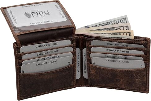 Firu-Handmade Buffalo Leather Slim Bifold Wallet for Men with RFID Blocking-Slim with 8 Card Slots-Extra Capacity with 2 ID Windows-Vintage Design (Buffalo Brown) in Saudi Arabia
